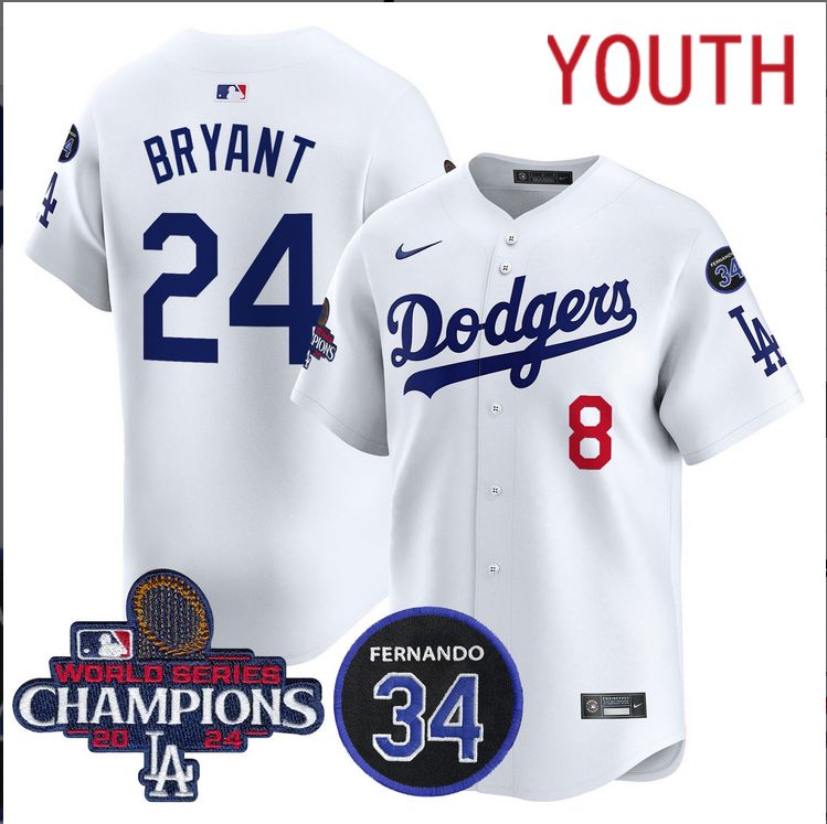 Youth  MLB Los Angeles Dodgers #24 Bryant white 2024 World Series Champions Patch Limited Jersey